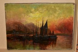 HUME NISBET (1849-1923), a sunset maritime harbour scene, boats to the foreground, hills to the