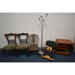 AN ARNOLD TEAK SEWING BOX, along with a kneeling stool, decorative standard lamp, two Edwardian