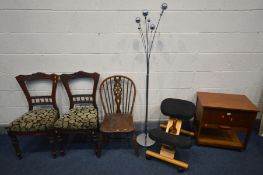 AN ARNOLD TEAK SEWING BOX, along with a kneeling stool, decorative standard lamp, two Edwardian