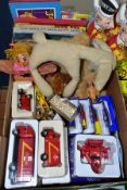 A QUANTITY OF ASSORTED SOFT TOYS AND MODERN BOXED DIECAST VEHICLES etc, soft toys include Deans