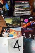 A BOX OF 33 RPM LP RECORDS AND SUNDRIES ETC, records include Rod Stewart, ZZ Top, Human League,