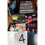 A BOX OF 33 RPM LP RECORDS AND SUNDRIES ETC, records include Rod Stewart, ZZ Top, Human League,