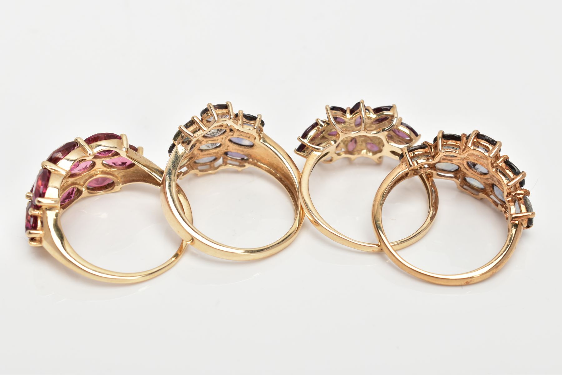 FOUR 9CT GOLD GEM SET DRESS RINGS, the first a cluster of oval cut pink tourmaline, ring size N, the - Image 3 of 3