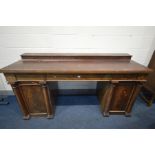 A DISTRESSED VICTORIAN MAHOGANY PEDESTAL SIDEBOARD, width 191cm x depth 66cm x height 99cm