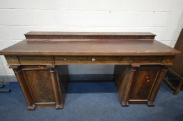 A DISTRESSED VICTORIAN MAHOGANY PEDESTAL SIDEBOARD, width 191cm x depth 66cm x height 99cm