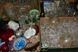 FOUR BOXES OF COLOURED/CLEAR GLASSWARES, to include a Nobile Glassware Friendship bauble, a carnival