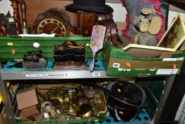 THREE BOXES AND LOOSE SUNDRY ITEMS, ETC, to include a brass fireside companion set, trivet,