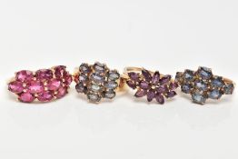 FOUR 9CT GOLD GEM SET DRESS RINGS, the first a cluster of oval cut pink tourmaline, ring size N, the