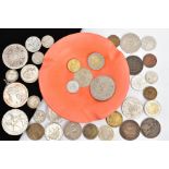 A SMALL PACKET OF COINS TO INCLUDE: A worn Charles 11 Crown Coin 1673,A Morgan dollar coin with