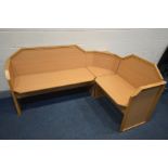 A MODERN BEECH CORNER BENCH, with two storage compartments, length 175cm x depth 130cm x height 88cm