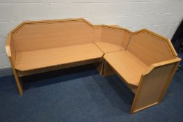 A MODERN BEECH CORNER BENCH, with two storage compartments, length 175cm x depth 130cm x height 88cm