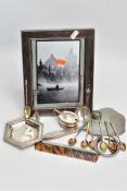 A BOX OF ASSORTED SILVER ITEMS, to include a plain polished, rectangular photo frame, hallmarked