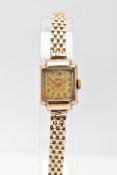 A LADY'S 9CT GOLD 'DENCO' WRISTWATCH, hand wound movement square discoloured dial signed 'Denco',