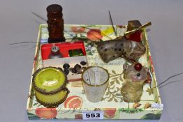 A TRAY OF COLLECTABLES etc, comprising a Potter & Moore Bonzo Dog perfume bottle, spotted dog