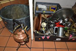 TWO BOXES AND LOOSE METAWARES, to include copper/brass spirit kettle, a quantity of door handles