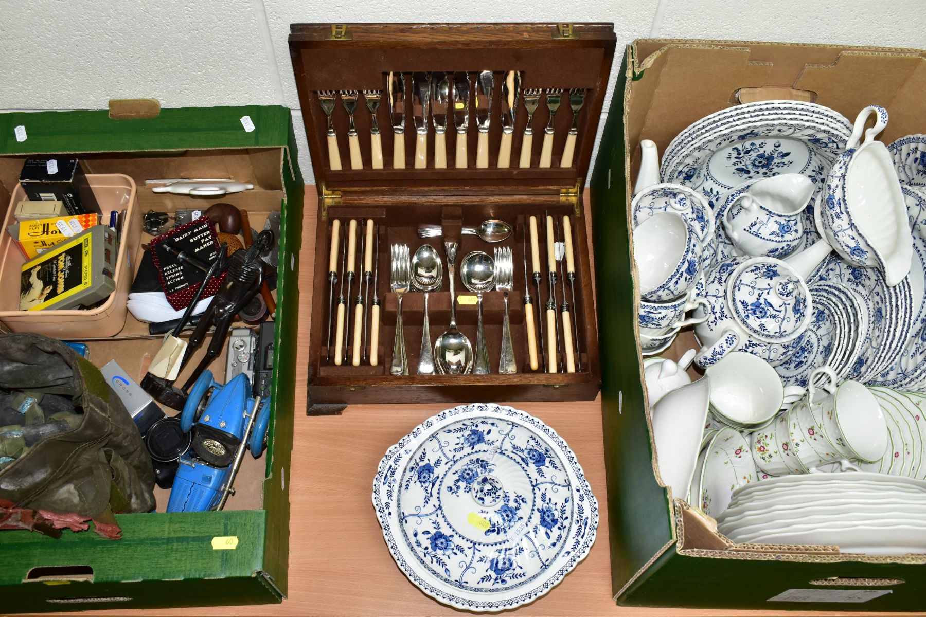 TWO BOXES AND LOOSE CERAMICS, PENS, PIPES, CUTLERY, ETC, including a forty piece Johnson Bros Indies