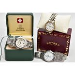 THREE GENTS WRISTWATCHES, to include a boxed 'Swiss Military' watch, round white dial, Arabic and