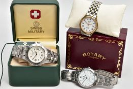 THREE GENTS WRISTWATCHES, to include a boxed 'Swiss Military' watch, round white dial, Arabic and
