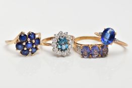 FOUR 9CT GOLD GEM SET RINGS, of various designs, set with gemstones such as sapphire, kyanite,