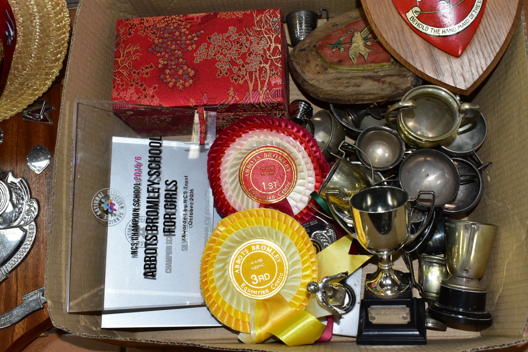 TWO BOXES OF SCHOOL TROPHIES ETC, to include EPNS cups and wooden backed shields, tallest - Image 2 of 6
