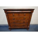 A VICTORIAN FLAME MAHOGANY SCOTTISH CHEST OF TWO SHORT AND THREE LONG DRAWERS, with a cushion to the