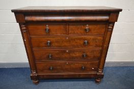 A VICTORIAN FLAME MAHOGANY SCOTTISH CHEST OF TWO SHORT AND THREE LONG DRAWERS, with a cushion to the