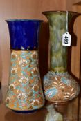 TWO ROYAL DOULTON STONEWARE VASES, the one of bulbous form marked as Slater's patent but both of