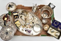 A BOX OF WHITE METAL WARE AND ITEMS, to include a glass coffee pot fitted with a white metal