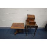 A VICTORIAN SQUARE TOPPED OCCASIONAL TABLE, on a triform base, along with a mahogany Pembroke table,