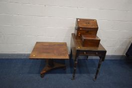 A VICTORIAN SQUARE TOPPED OCCASIONAL TABLE, on a triform base, along with a mahogany Pembroke table,