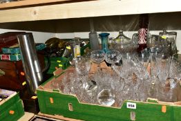 THREE BOXES AND LOOSE GLASS/METAL WARES AND SUNDRY ITEMS, to include two clear glass owl