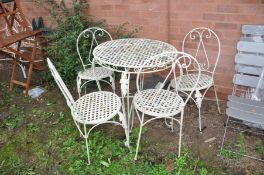 A MODERN METAL GARDEN TABLE with a lattice work 70cm top on shaped legs and four matching chairs (