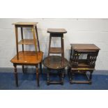 A COLLECTION OF OAK OCCASSIONAL FURNITURE, some early 20th century, comprising a square canted