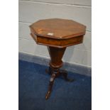 A LATE VICTORIAN WALNUT OCTAGONAL TRUMPET WORK TABLE, diameter 44cm x height 73cm (condition:-