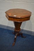 A LATE VICTORIAN WALNUT OCTAGONAL TRUMPET WORK TABLE, diameter 44cm x height 73cm (condition:-