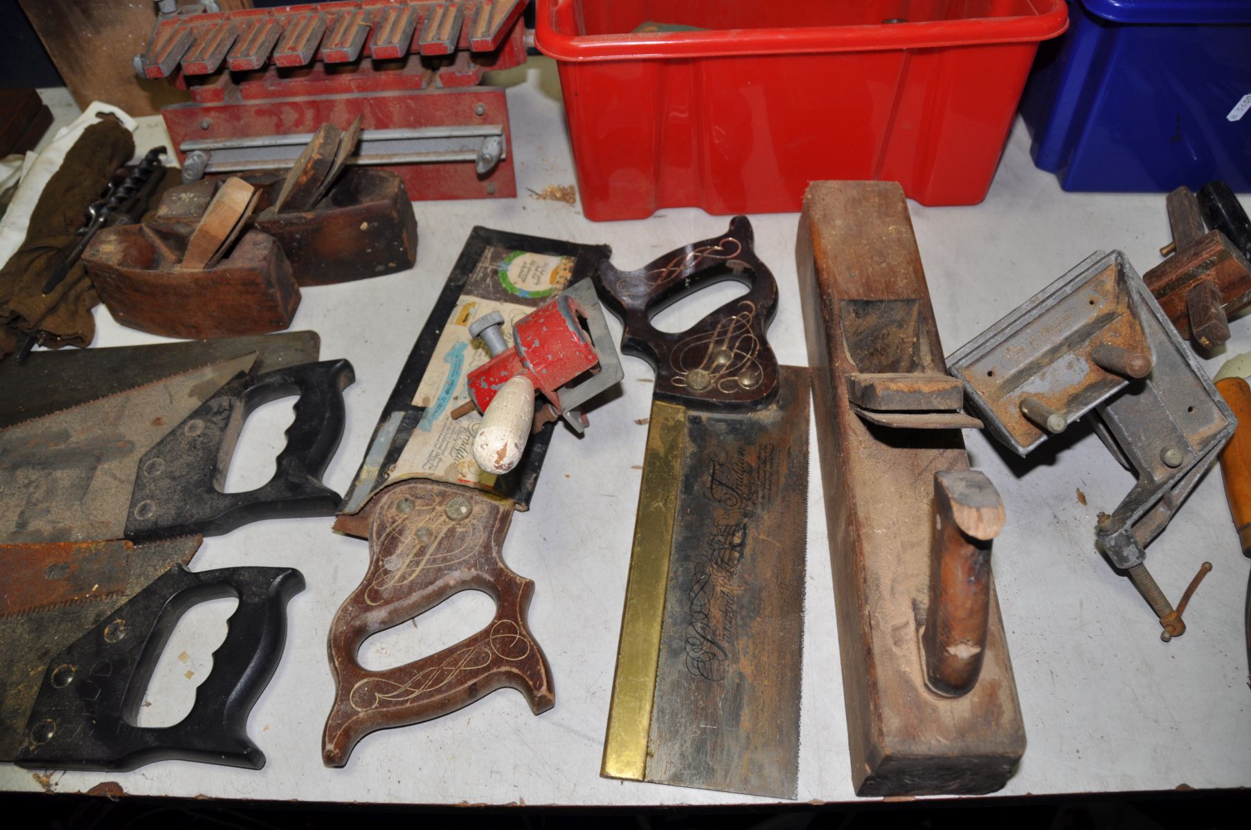 A COLLECTION OF CARPENTRY TOOLS including Stanley wood chisels, two wooden coffin plans, a 17in - Image 4 of 6