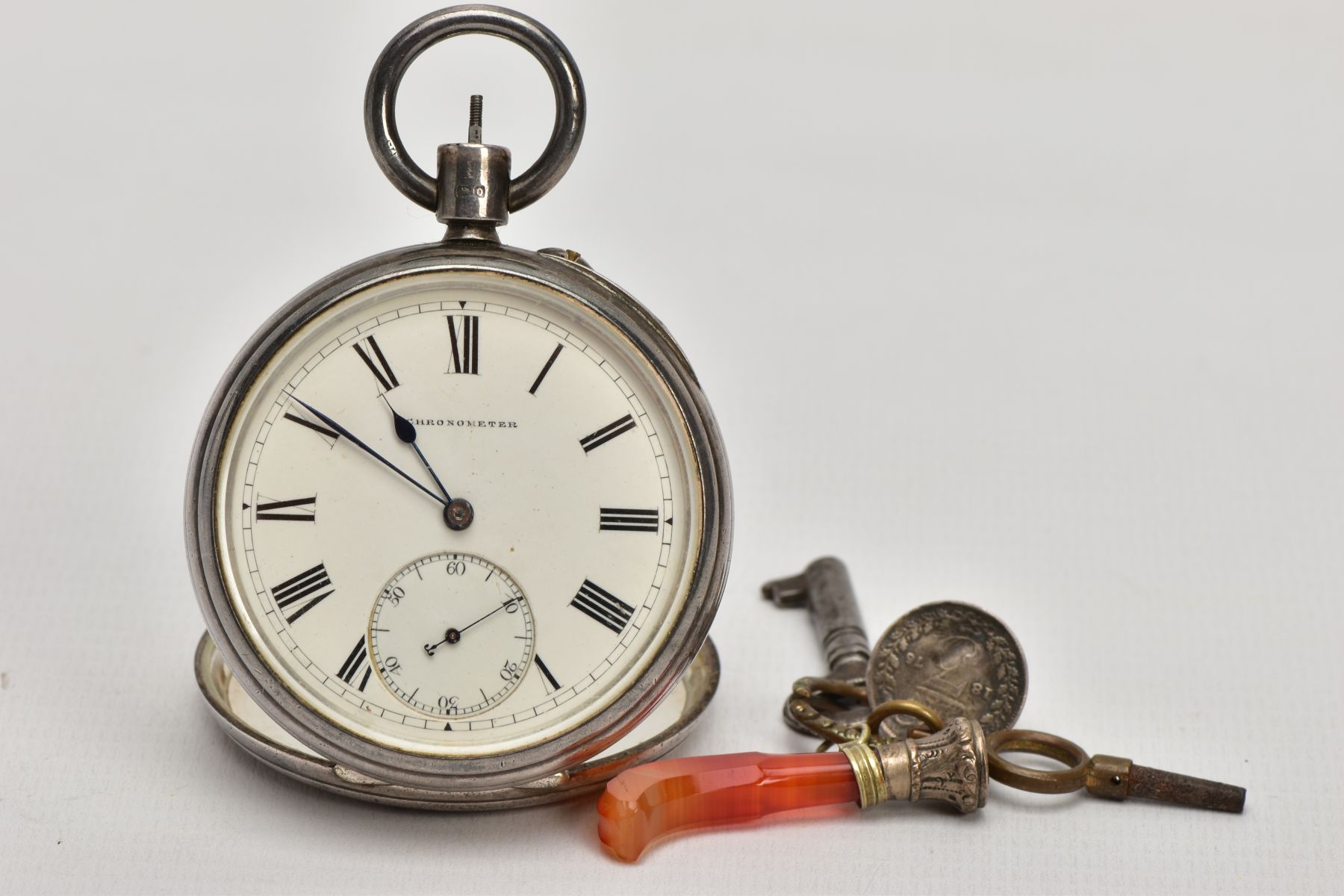 A SILVER OPEN FACE POCKET WATCH, WATCH KEY AND FOBS, the pocket watch, with a round white dial