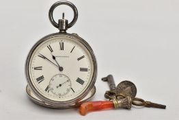 A SILVER OPEN FACE POCKET WATCH, WATCH KEY AND FOBS, the pocket watch, with a round white dial