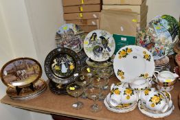 A QUANTITY OF COLLECTORS PLATES, CERAMIC TEAWARES AND SIX BABYCHAM GLASSES, comprising forty seven