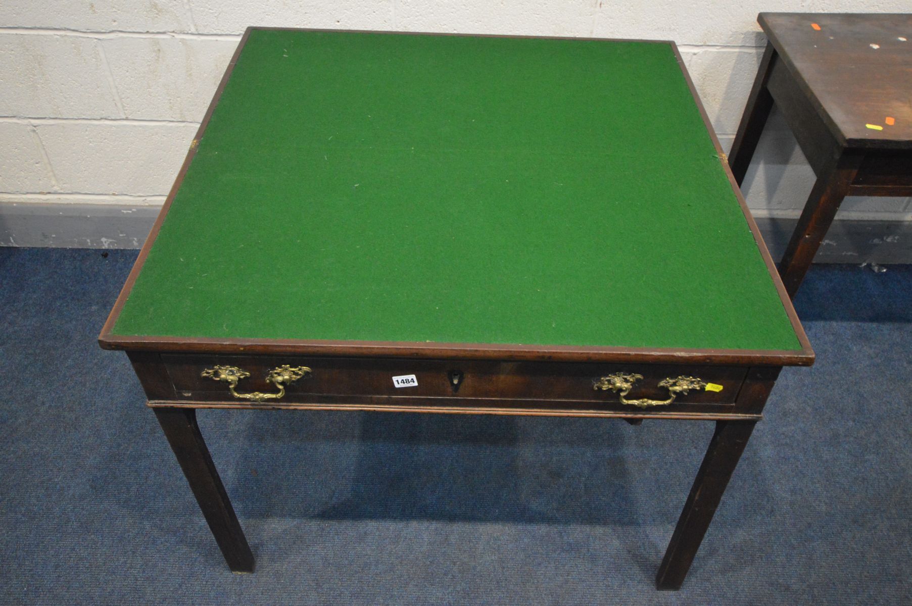 A GEORGIAN MAHOGANY CARD TABLE, the fold over top revealing a green baize playing surface, with a - Image 3 of 4