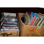 FOUR BOXES OF BOOKS, RECORDS, DVDS, CDS, VHS AND CASSETTE TAPES, to include sewing, poetry and