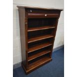 A HARDWOOD OPEN BOOKCASE, with a single frieze drawer, and four adjustable shelves, width 90cm x