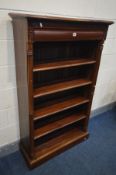 A HARDWOOD OPEN BOOKCASE, with a single frieze drawer, and four adjustable shelves, width 90cm x