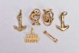 A PAIR OF 9CT GOLD NON-PIERCED EARRINGS, TWO ANCHOR PENDANTS, A RING ADJUSTER AND A YELLOW METAL