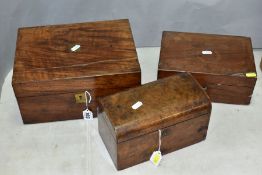 THREE VICTORIAN ROSEWOOD AND WALNUT VENEERED BOXES, comprising a burr walnut tea caddy with two