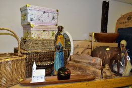 A GROUP OF TREEN, WICKER AND CARD STORAGE BOXES, including a chalk board, wicker basket for four