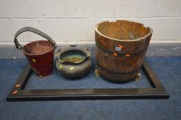 AN OAK COOPERED BUCKET, vintage fire bucket with leather handle, cast iron fender and copper