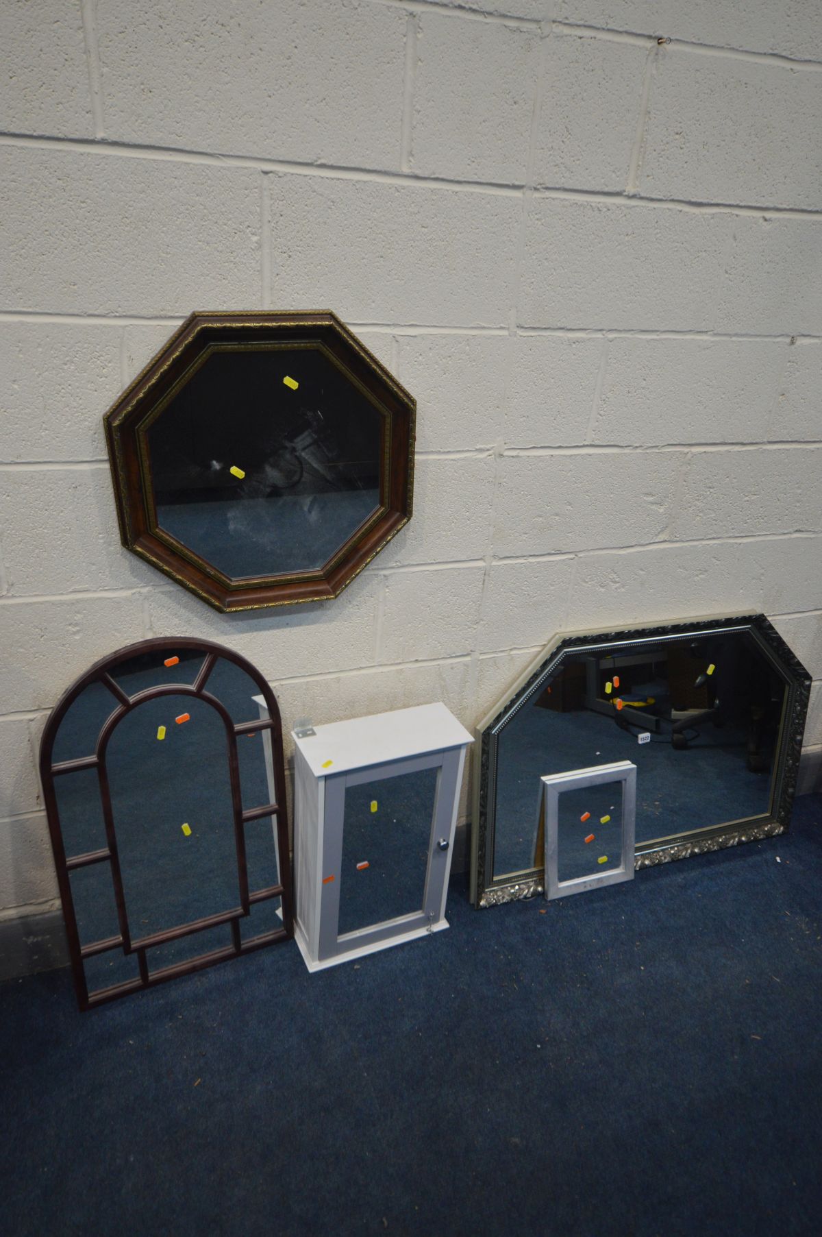 FIVE VARIOUS WALL MIRRORS, to include two silvered overmantel mirrors, bathroom cabinet, etc