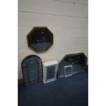 FIVE VARIOUS WALL MIRRORS, to include two silvered overmantel mirrors, bathroom cabinet, etc