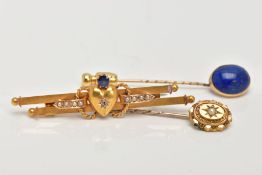 A YELLOW METAL BAR BROOCH AND TWO STICK PINS, the brooch fitted with a heart, set with a rose cut